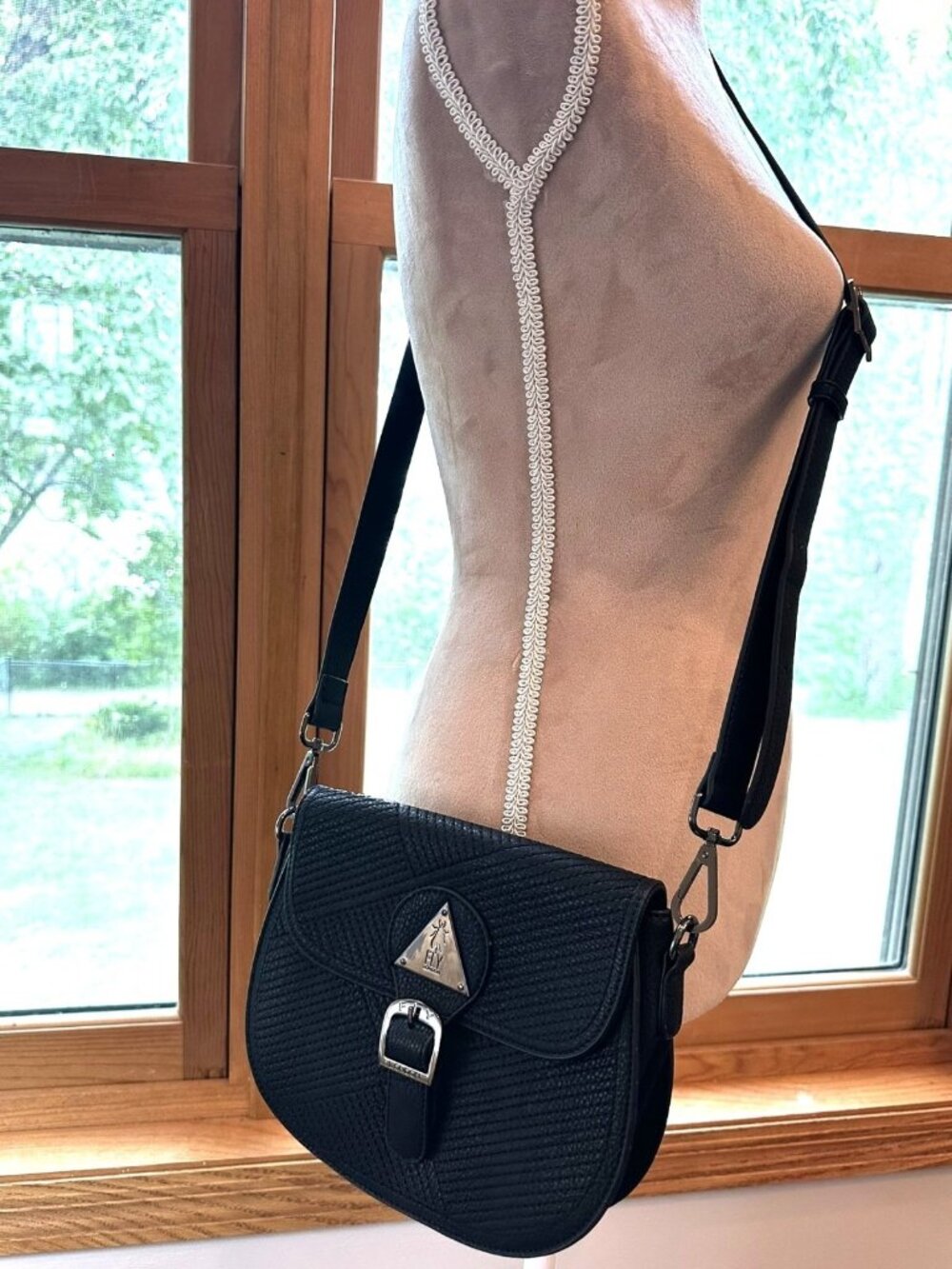 Fly London Black Leather Crossbody Saddle Bag Quilted Flap Adjustable Strap